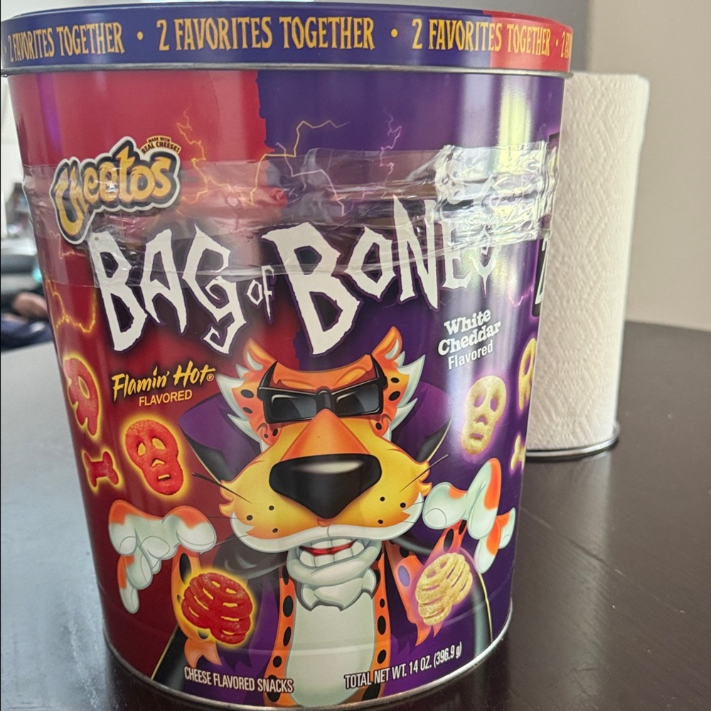 Cheetos Bag of Bones Flamin' Hot & White Cheddar Snack empty Tin